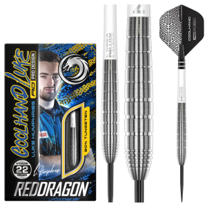 Dart set packaging with a man on the box, three silver tungsten darts, and a white-and-black flight, branded RedDragon Coolhand