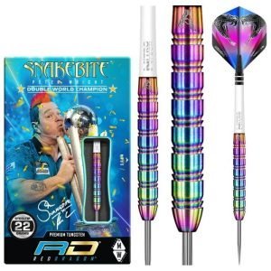 Snakebite Peter Wright premium tungsten darts set with rainbow titanium barrels shown beside the blue packaging