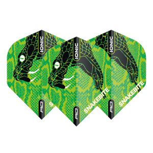 Set of three lime-green, black-snake patterned dart flights with 'SNAKEBITE' along the lower edge and 'IONIC' branding