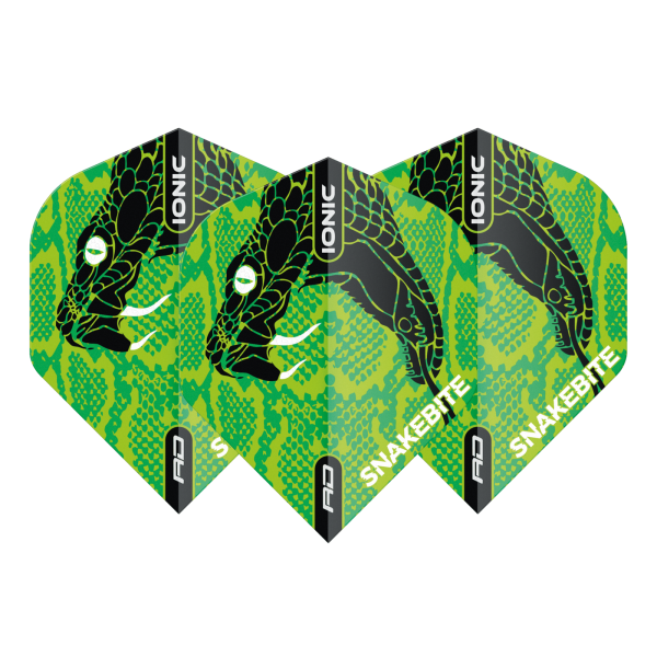 Set of three lime-green, black-snake patterned dart flights with 'SNAKEBITE' along the lower edge and 'IONIC' branding