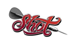 Logo with the word 'Shot' in red cursive, overlaid by a gray/black dart silhouette behind it (darts brand logo).