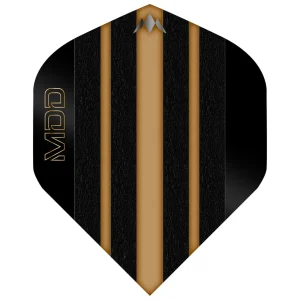 Dart flight design with black textured panels and gold vertical stripes, small silver mountain logo at the top, and 'MAD' written along the left edge.
