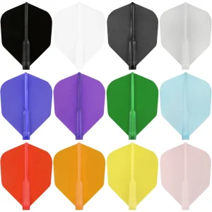 Twelve assorted-colored dart flights arranged in a 4x3 grid