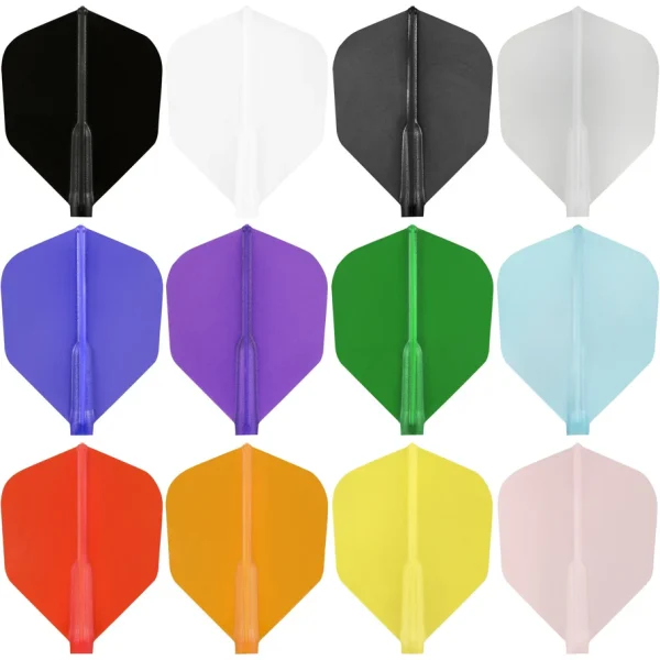 Twelve assorted-colored dart flights arranged in a 4x3 grid