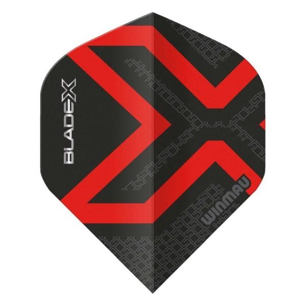 Black and red geometric dart flight with 'BLACKX' branding on a black background