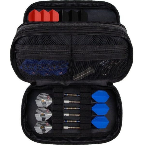 Open zip dart case showing two rows of darts with blue flights and assorted accessories in mesh pockets inside the case.