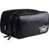 Black zippered toiletry bag with a carbon-fiber texture and a Bulls logo on the side.