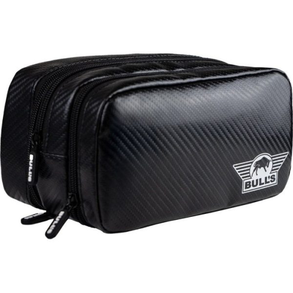 Black zippered toiletry bag with a carbon-fiber texture and a Bulls logo on the side.