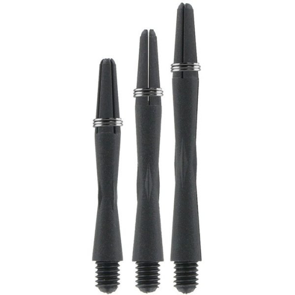 Three black interchangeable tips with tapered ends, each featuring silver rings and threaded bases, standing upright.