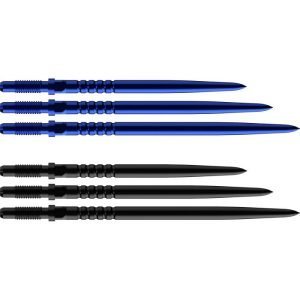 Six metallic darts arranged in two rows: three blue darts on top, three black darts below, each with knurled grips and pointed tips.