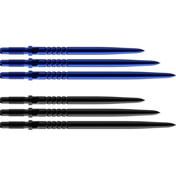 Six metallic darts arranged in two rows: three blue darts on top, three black darts below, each with knurled grips and pointed tips.