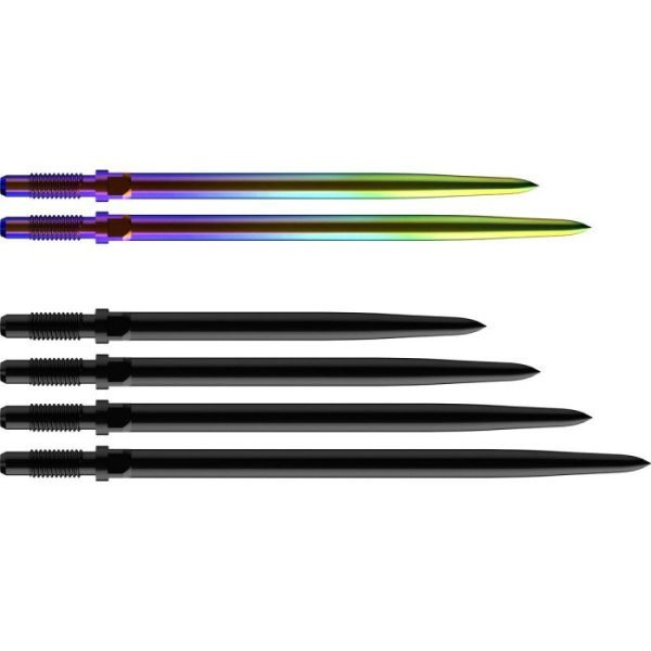 Five darts laid out in a row: two rainbow-colored darts above three black darts.
