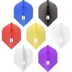 Seven colorful dart flights arranged in a grid: blue, black, red, yellow, white, and purple on a white background.