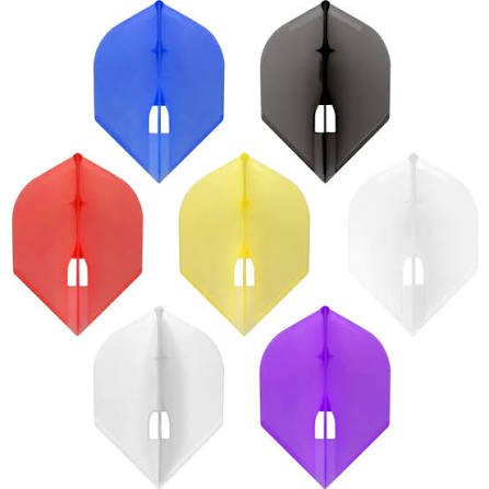 Seven colorful dart flights arranged in a grid: blue, black, red, yellow, white, and purple on a white background.