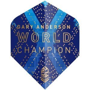 Diamond-shaped blue poster reading 'Gary Anderson World Champion' with gold dots and Ultra Fly logo at the bottom.