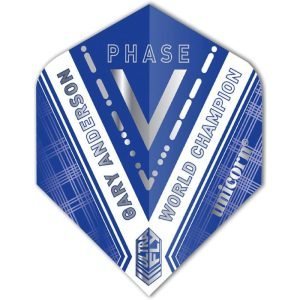Blue dart flight with 'Phase' and 'World Champion' branding for Gary Anderson, featuring white diagonal stripes and Ultra Fly logo.