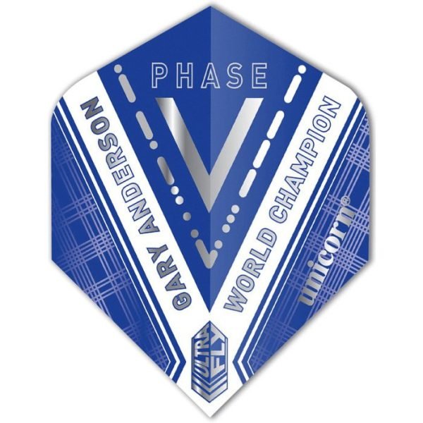 Blue dart flight with 'Phase' and 'World Champion' branding for Gary Anderson, featuring white diagonal stripes and Ultra Fly logo.