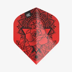 Decorative red shield-shaped design with roses, black mandala patterns, and an eye motif at the bottom center.