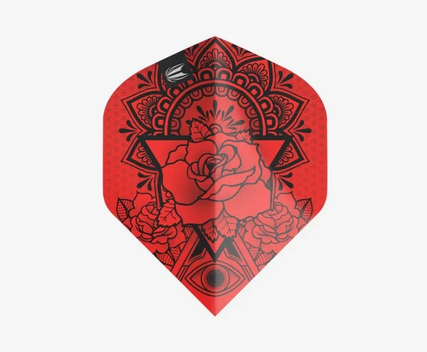 Decorative red shield-shaped design with roses, black mandala patterns, and an eye motif at the bottom center.