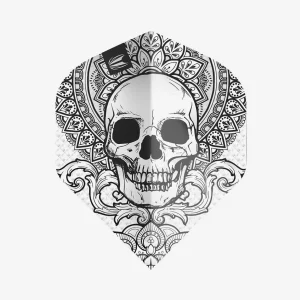 Decorative black-and-white skull emblem framed by an intricate mandala pattern in a shield shape as a tattoo-style graphic.