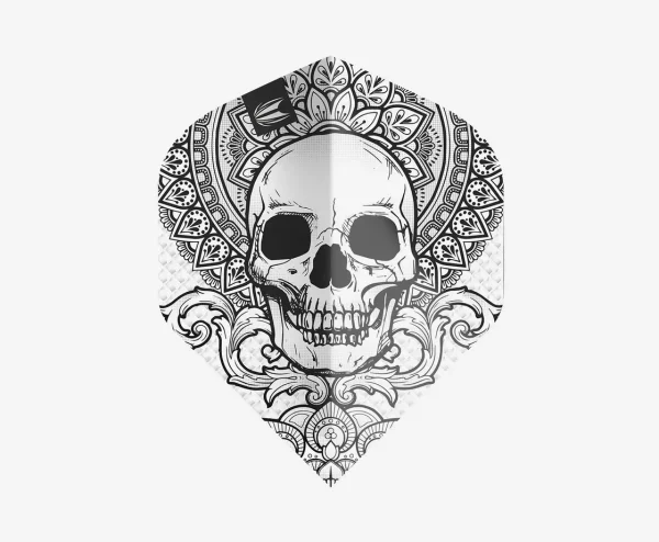 Decorative black-and-white skull emblem framed by an intricate mandala pattern in a shield shape as a tattoo-style graphic.