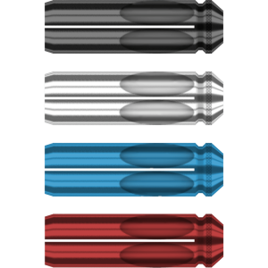 Four elongated capsule shapes in black, silver, blue, and red stacked vertically, with rounded central depressions and grooved ends.