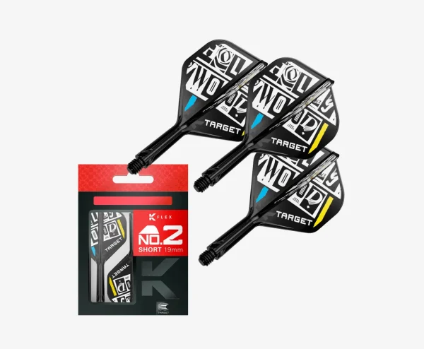 chris-dobey-k-flex-no-2-short_1__1 - Darts online Three Target-brand darts with black bodies and bold white graphics, shown next to red packaging for No.2 Short 19mm darts.