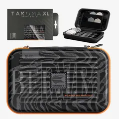 Protective hard-shell case with orange trim and foam interior, beside an open makeup/tech case and Takuma XL packaging in the background.