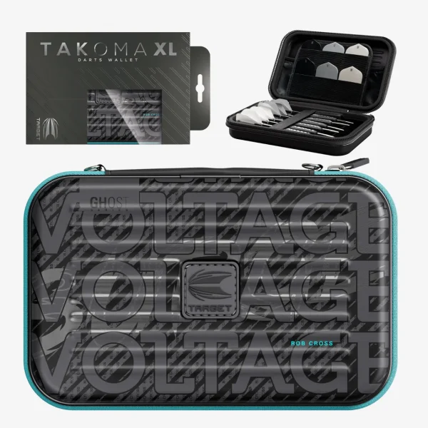 Takoma XL darts wallet packaging with a black tip-case and a turquoise-trim zippered travel case.