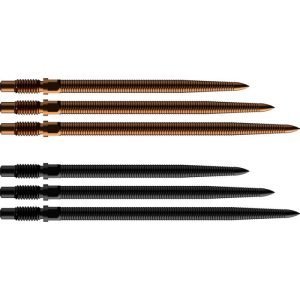 Six long metal screws with pointed tips and deep threads; three copper-colored on top and three black on bottom.