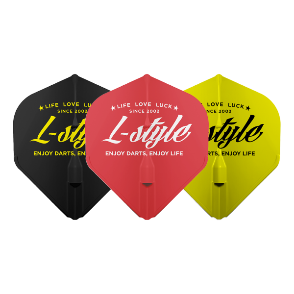 Three L-style brand dart flights in black, red, and yellow with the slogan 'Life Love Luck' and 'Since 2002' and 'Enjoy darts, enjoy life'.